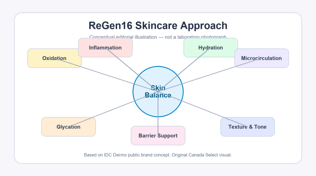 Conceptual infographic of IDC Dermo ReGen16 skincare approach